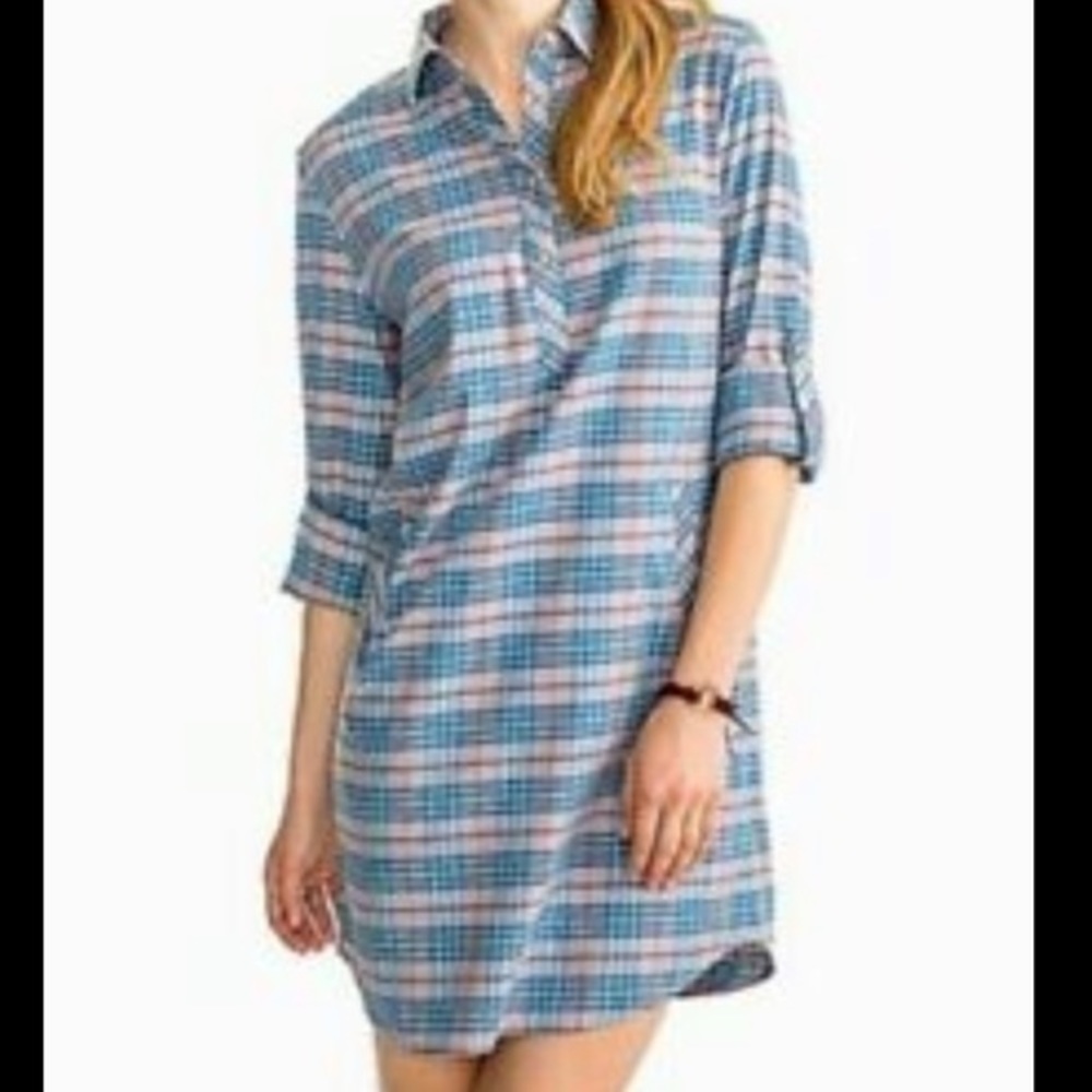 NWT SOUTHERN TIDE Women Long Sleeve Plaid Seagull Gray Blue Mini Dress